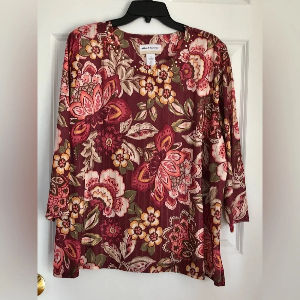 ALFRED DUNNER FLORAL TOPS MULBERRY STREET PLUS SIZE 3X RHINESTONES CREW NECK - Picture 3 of 11